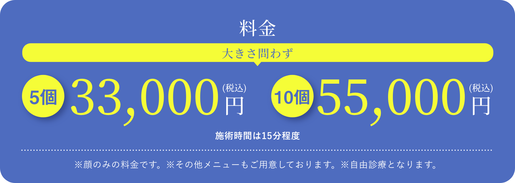 料金(大きさ問わず)5個33,000円(税込)/10個57,500円(税込)/施術時間は15分程度/※顔のみの料金です。※その他メニューもご用意しております。※自由診療となります。