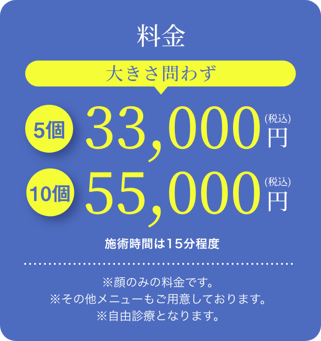料金(大きさ問わず)5個31,500円(税込)/10個57,500円(税込)/施術時間は15分程度/※顔のみの料金です。※その他メニューもご用意しております。※自由診療となります。